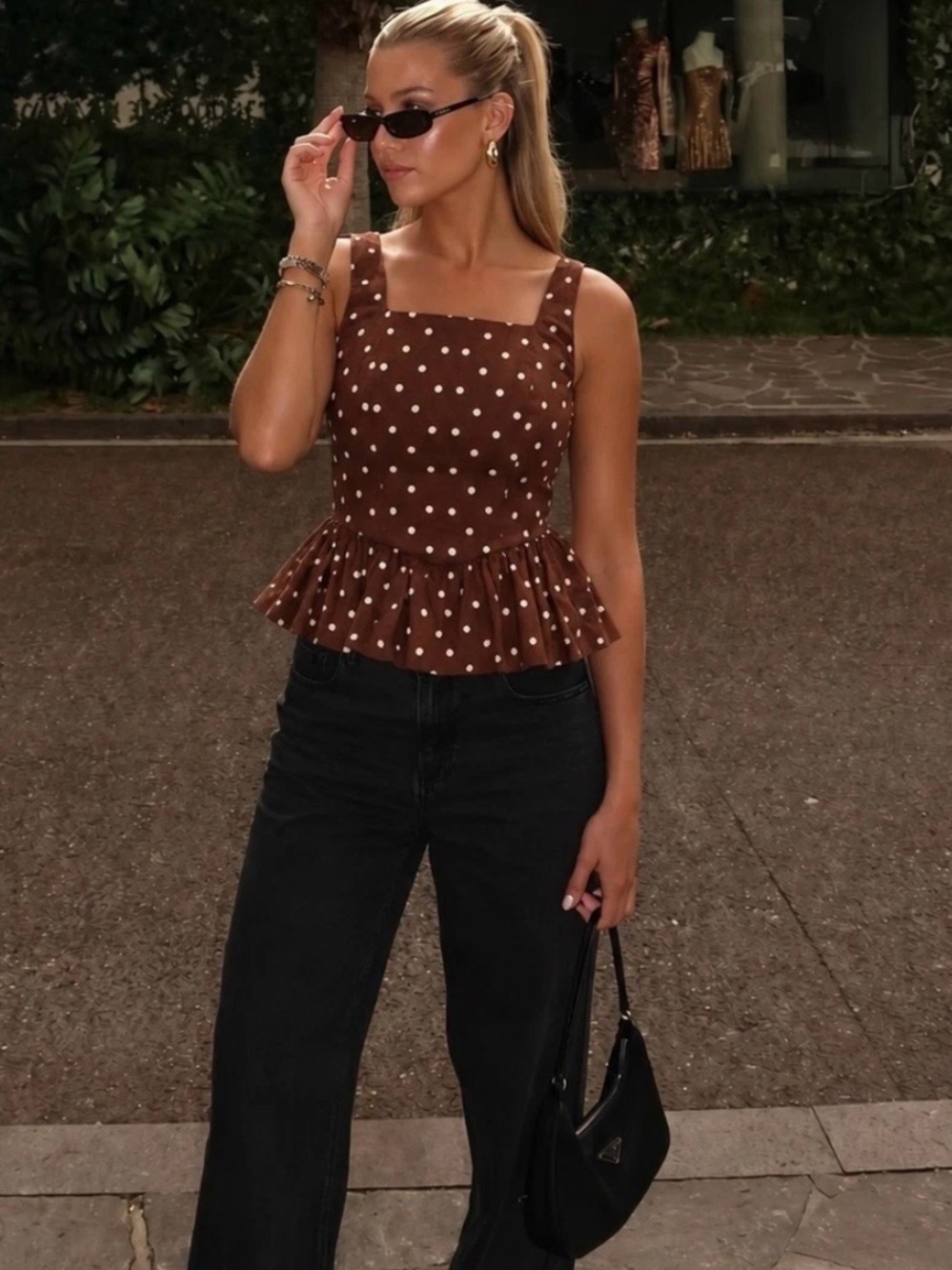 24. BNWT Avec les filles $140 brown polka dot peplum top JG